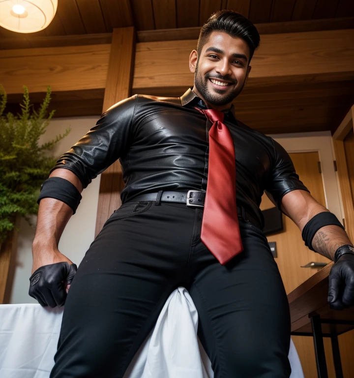 An adult black man with an intimidating face wearing a deep satin maroon suit and gold rings with his giant cock exposed as he sits in a high security office made of black marble <lora:HugeAnimeCocks:1>