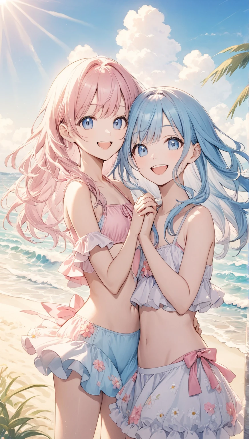 anime couple in swimsuits on beach with blue sky and clouds, shoujo romance, shoujo, shoujo manga, golden time, hana yata, shojo, visual novel key visual, gapmoe yandere, yuyushiki, slice of life anime, visual novel cg, official anime key media, shojo manga, summer setting, cel shaded anime