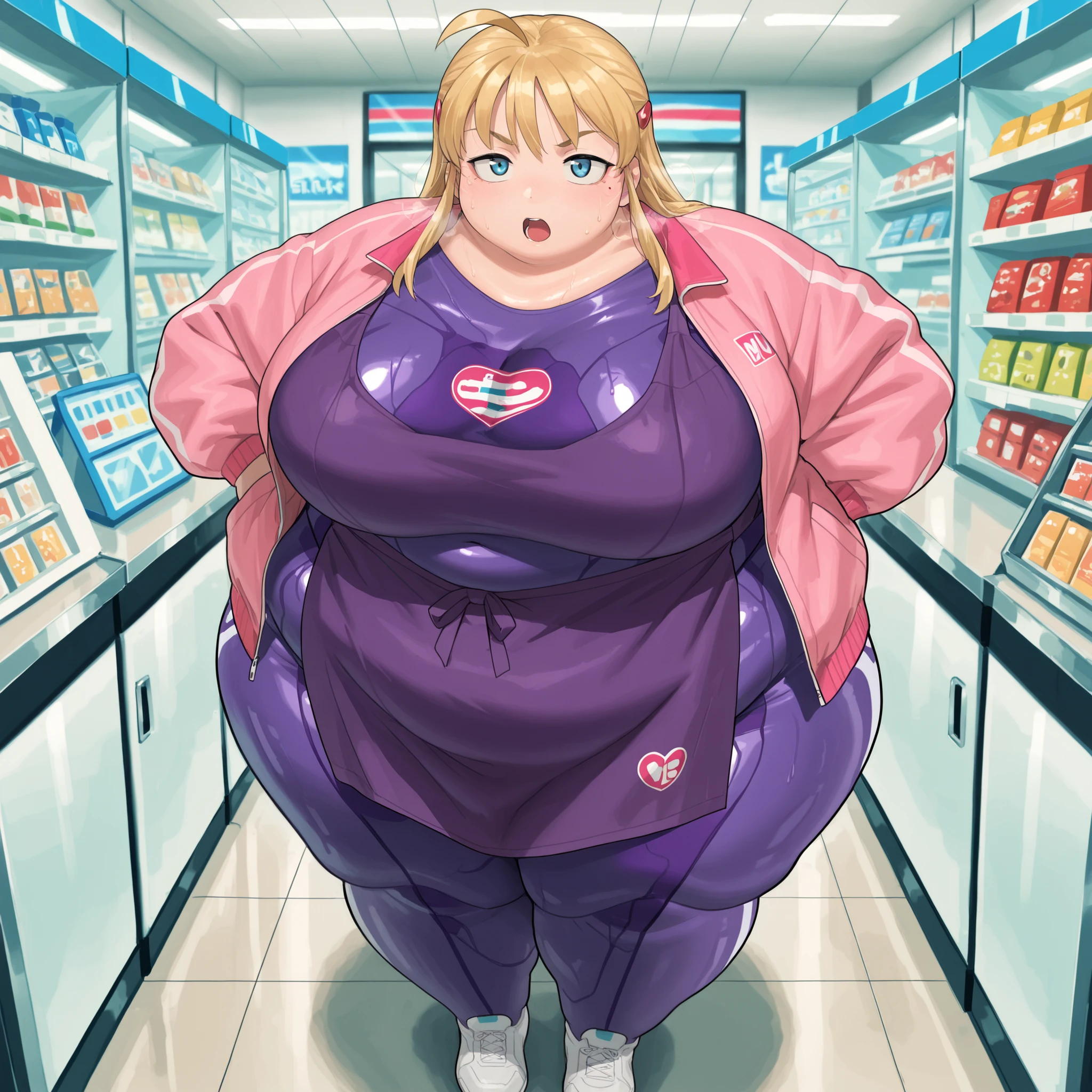 high resolution picture, masterpiece, best quality, amazing quality, official art, 1girl, solo ,miu, , shiny skin, blonde hair, long hair,bangs, blue eyes, mole under right eye, sexy body, large breasts,pink jacket, purple bodysuit, hairclips, big breasts, source anime, anime coloring, BREAK (curvy) , indoors, convenience store, shop , sanpaku, apron, looking at viewer fat, chubby, obese, gigantic arms and legs, large breasts open mouth, out of breath, full body shot
