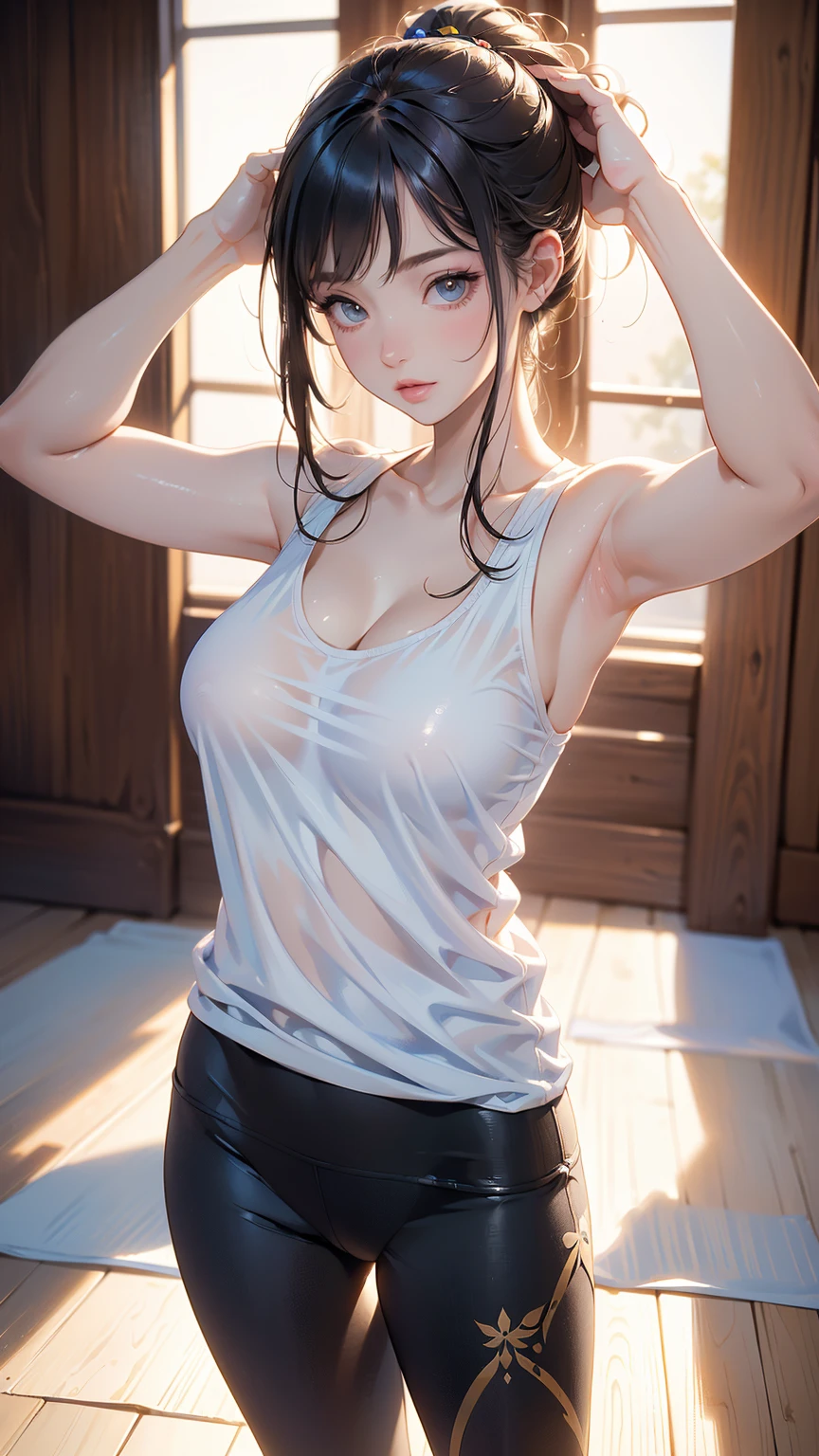 Cute girl . so cute , Round Face . Solitary , Slim ,  Short stature . Glowing skin . Pure white tube top T-shirt . shorts , White background , Looking at the audience修长性感的双腿， Put your hands behind your head((Clear nipples))、Rocket , (Large Breasts),（because I&#39;Thin） , 身材Short stature . Smooth skin . Plain white T-shirt .  . Dynamic poses . Dynamic Angle . No background , White background , Looking at the audience

