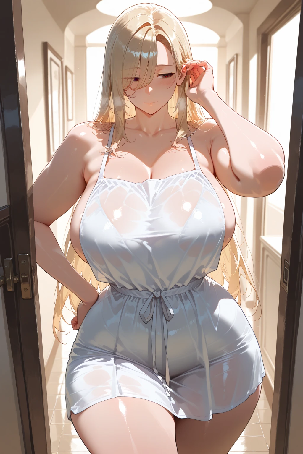 (masterpiece:1.3), (Absurd:1.3), (highest quality:1.3), The Hands of Guido Daniele, (Very detailed:1.3),(Best Shadow:0.7), (Processed Hair), One girl, alone, S1, aizawa ema, nsfw, (medium Breasts:0.2), (pregnant:0.8), (thick thighs:0.6), Blonde, Asymmetrical bangs, Blunt bangs, blue eyes, white sweater, woollen sweater, aran sweater, long sweater dress, ribbed sweater, tight-fitting sweater, bare_shoulders, no bra, (nipple shape:1.0), black thighhighsocks, shoulder baring, open legs, cute face, panic face, embarrassed, night, background : inn room,