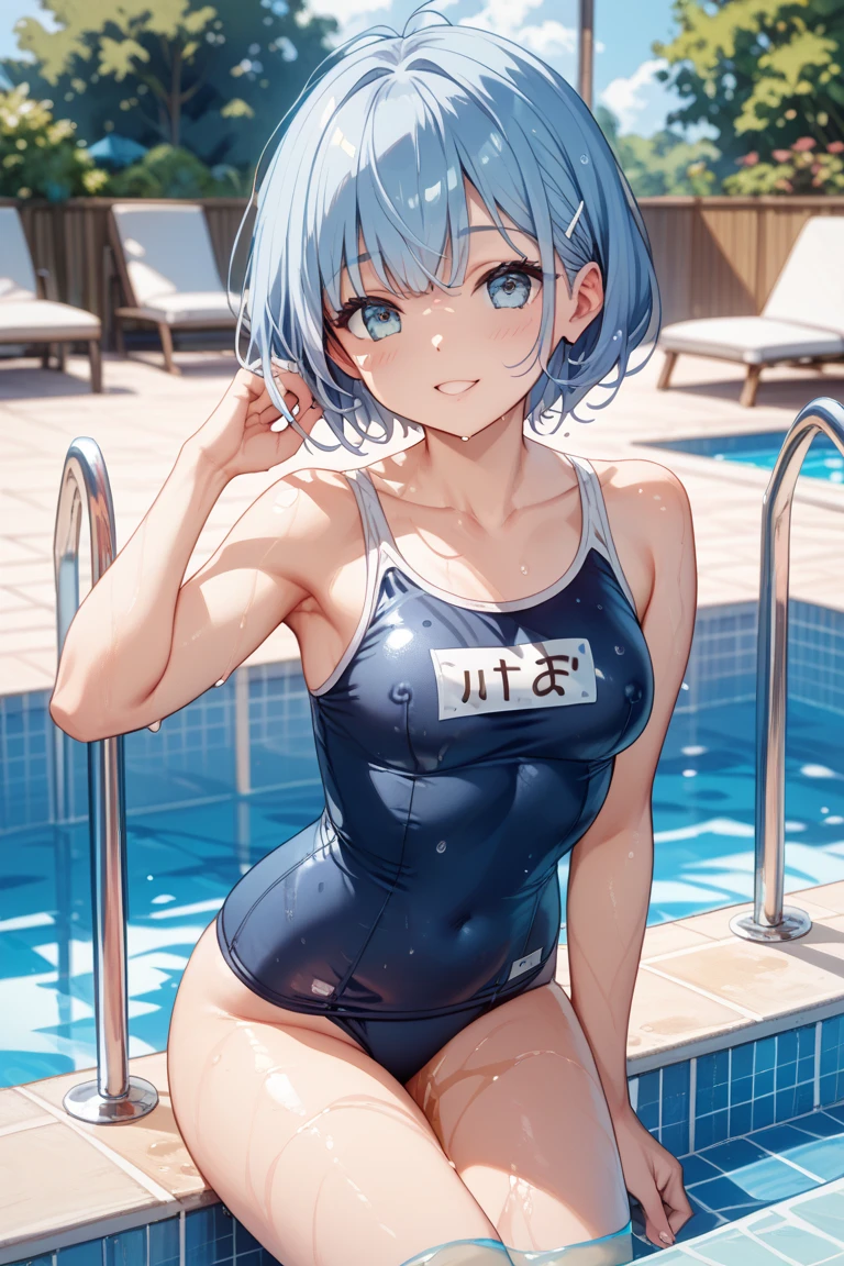 Hoshimachi Suisei,blue eyes,blue hair,choker,hair between eyes,medium hair,side ponytail,Star choker,(small breasts:1.2),
BREAK (cleavage, school swimsuit:1.2),
BREAK ((hands behind back:1.5)), beautiful lighting, defined subject, (18 years old), ((cool looking)), ((glare)),
BREAK (masterpiece:1.2), best quality, high resolution, unity 8k wallpaper, (illustration:0.8), (beautiful detailed eyes:1.6), extremely detailed face, perfect lighting, extremely detailed CG, (perfect hands, perfect anatomy),