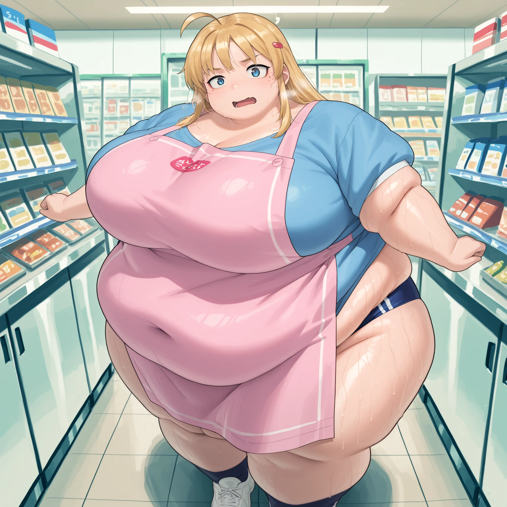 high resolution picture, masterpiece, best quality, amazing quality, official art, 1girl, solo ,miu, , shiny skin, blonde hair, long hair,bangs, blue eyes, mole under right eye, sexy body, large breasts, hairclips, big breasts, source anime, anime coloring, BREAK (curvy) , indoors, convenience store, shop , sanpaku, apron, looking at viewer fat, chubby, obese, gigantic arms and legs, large breasts open mouth, out of breath, full body shot