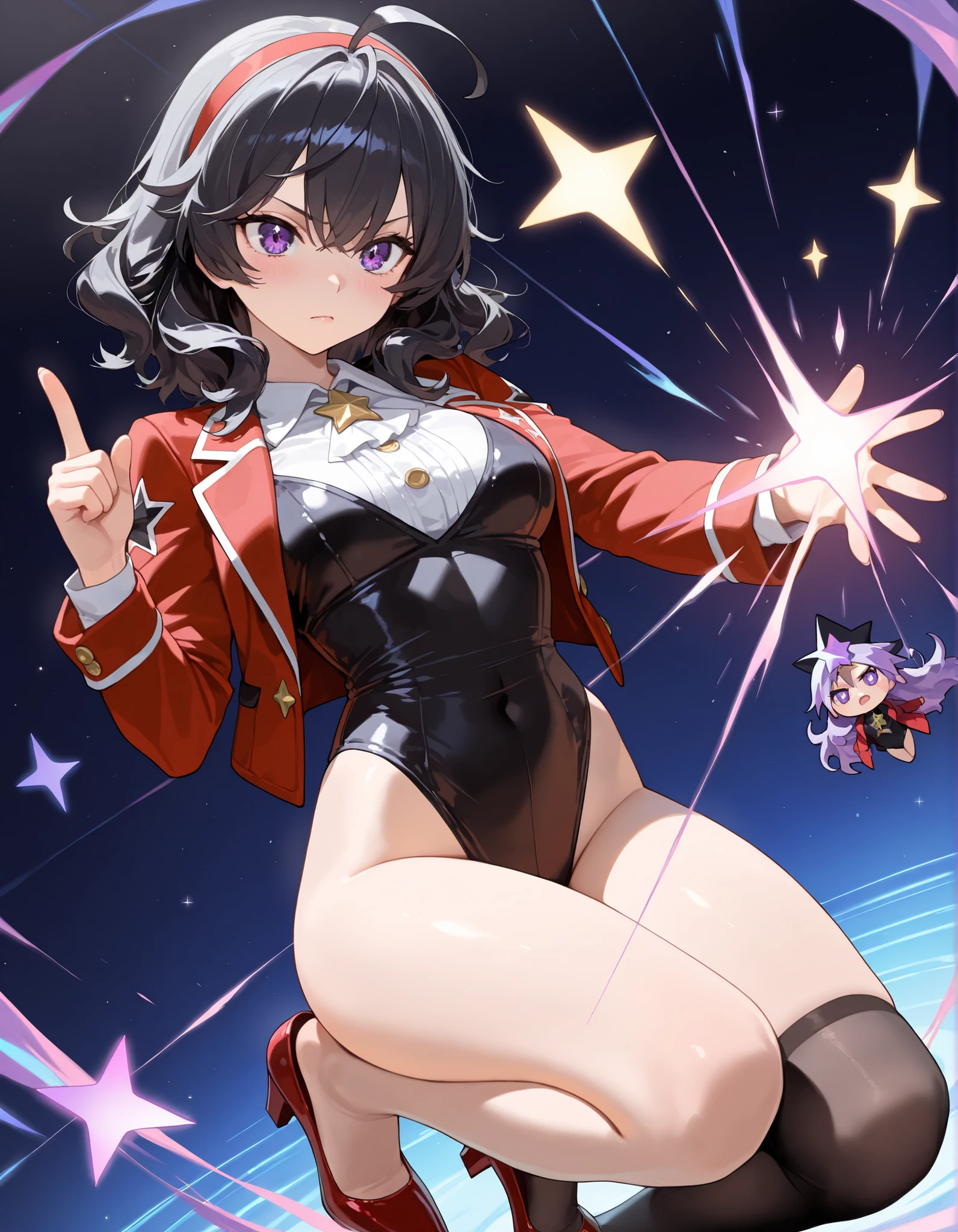 masterpiece, highly detailed, best quality, high quality, solo, solo focus, 1girl, college-age woman, (medium hair, black hair, wavy hair, red hairband), ahoge, (white blouse with black star (symbols), red jacket with star (symbols), open jacket), medium breasts, (black leotard), (bare legs), (black thigh-highs, red high-heel shoes), purple stellar energy around, cosmic power, cosmic shining power. (purple eyes, beautiful detailed eyes), beautiful detailed face, cute face, (perfect hands), complete fingers, perfect anatomy, perfect proportions. (pointing index finger with right hand), (casting a spell). full body costume design, full body, cowboy shot. serious