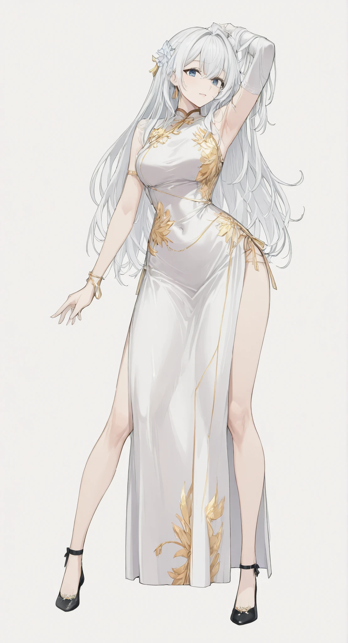 mole under eye、Armlet for left arm、bracelet for right wrist、china dress,anime girl Picture of a woman with long white hair and a flower in her hair, gray hairの deity, Anime Goddess, gray hairの, gray hairの lady, gray hair, Zodiac Knight Portrait Girl, Haise Jinyao, Genshin characters、Keking, Full Body Senxia , female anime character, Picture of a woman with long white hair, perfect gray hairの girl,big dark blue eyes,thin waist,mole under eye,long gloves,earrings,no background,The hair bundled in the back is a braid