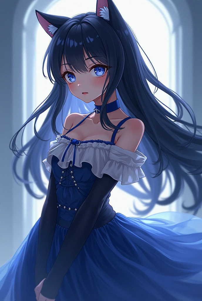 Dark blue hair, dark blue eyes , light black and blue dress anime girl