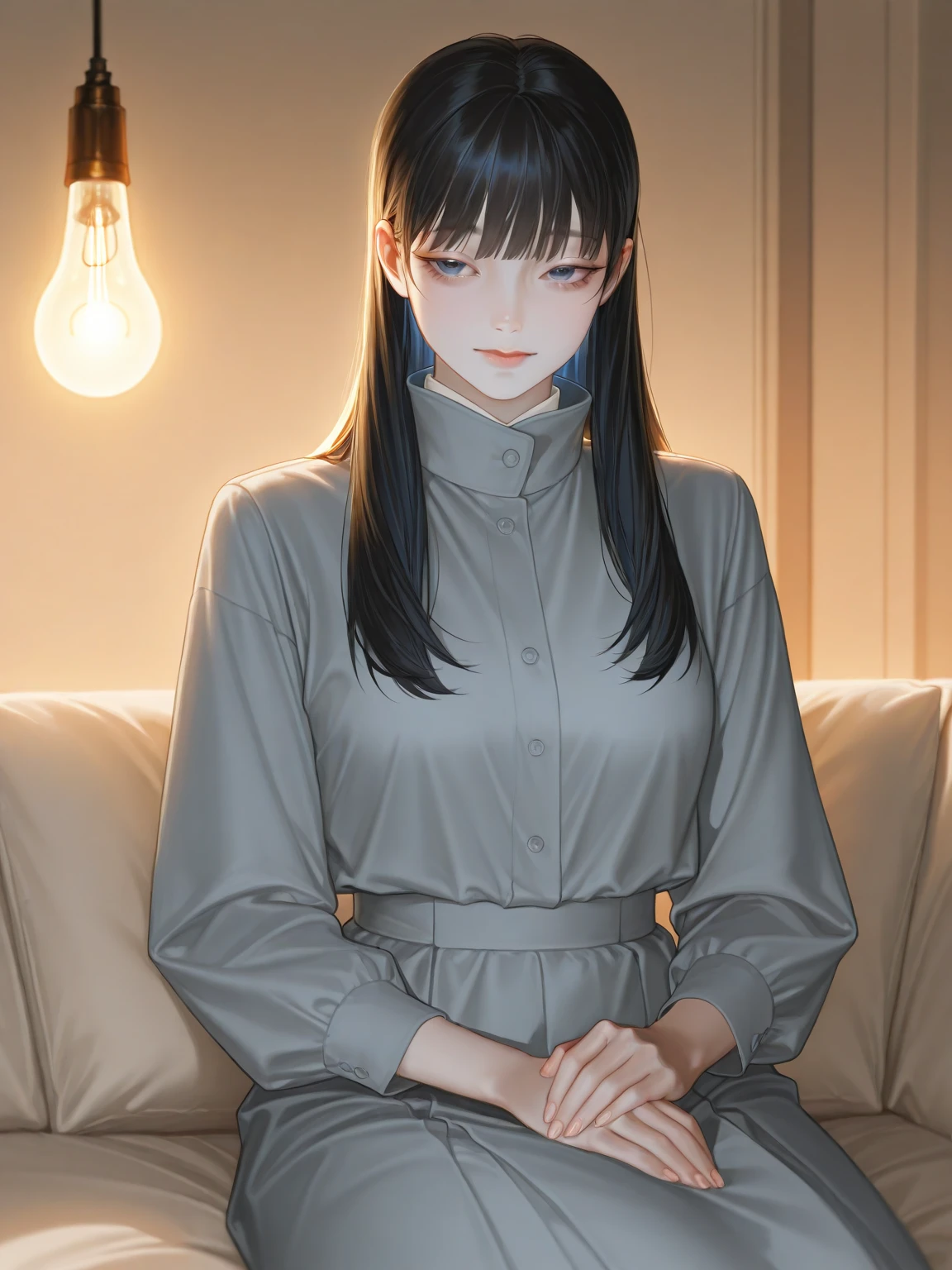 (best quality:1.4), (absurdres:1.4), (looking at viewer:1.2), (cinematic lighting:1.2), (cinematic:1.3), (darkness), pencil skirt, long sleeves, indoors, cafe, black eyes,
(very long hair), (medium breasts), (pale skin:1.1), (alive skin:1.2), (shiny skin:1.4), (lady), (cowboy shot), sitting on sofa,
navy_pantyhose, (bangs:1.1)
sleek,
curious face,
hair ribbon,
(white theme),