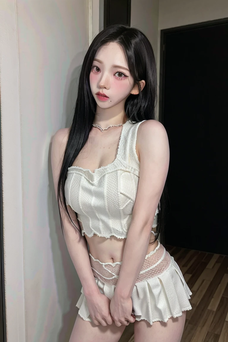Top image quality、Raw photography、A high resolution、20-year-old cool Korean、big round chest、lace crop top、Beautiful Eyes of Details、very elongated eyes、Beautiful eyelashes、Beautiful double eyelids、eyeshadows、long legs,medium thighs, beautiful eyes finely detailed、elongated eyes、long eyeslashes、Beautiful double eyelids、eyeshadows、earrings、shiny skin、 1 girl, solo, sexy pose, sexy lace boxers,