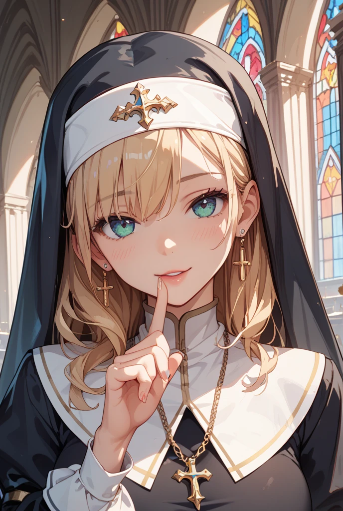 1girl, futanari, mini penis, Slight crotch bulge, tiny girl, young girl, mesugaki, mesugaki smile, Nuns, nun's costumes, Teasing, naughty looks, heart eyes, Lower arm, A girl puts her hand on her crotch,, tidy, Focus on the girl, glossy skin, oily skin, Gravure, pinup, junior idols, Masterpiece:2, Top Quality, high Quality, Very Detailed, ultra  High Resolution, super High Resolution, Beautiful Detail, Dynamic angles, perfect lighting, 8k, Animation Style,  cartoon style, game cg, sfw, 