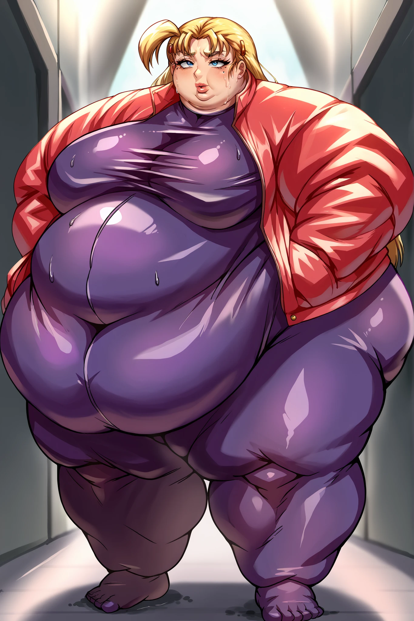 Anime Women, Lady、Forehead、Long braids、Pigtails、Glasses、Brown eyes、Are fat、Chubby、Voluptuous、obesity、Double chin、Cheek、Fat-covered neck、Big Breasts、Saggy breasts、Thick upper arms、Fat Belly、tall、Dark purple unitard、Dark purple bodysuit、sneakers、Gloss、Sweat、Embarrassed、bustling street