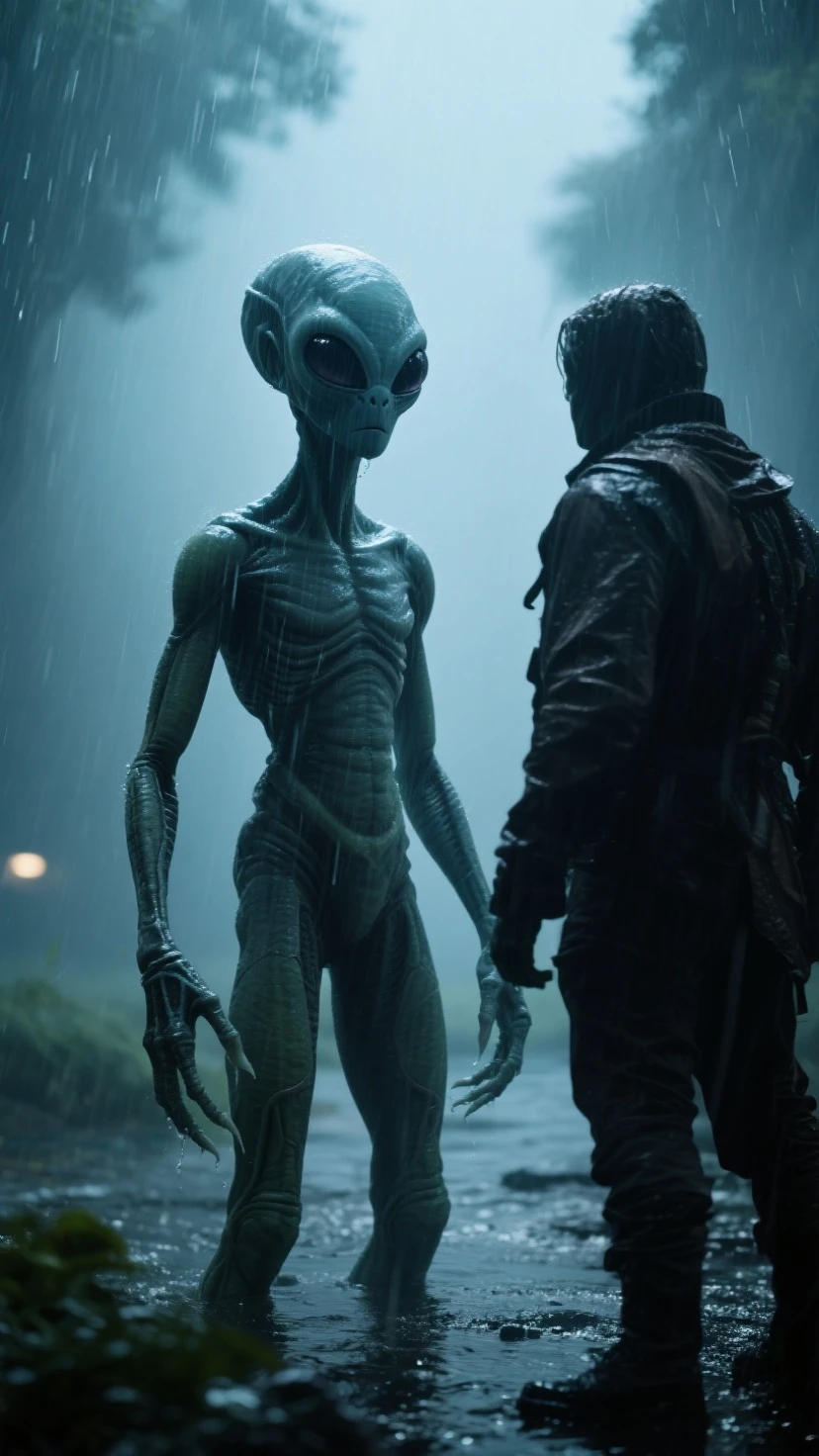 1man, action shot, dark, murky alien temple, frame from upbeat science fiction comedy movie