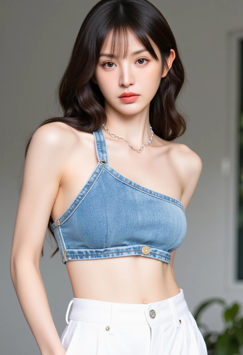 Best Quality, Masterpiece, Ultra High Resolution, (Realistic: 1.4), Original Photo, Official Art, Wallpaper, Bust Photo, Skin, Simple Background, Black Eyes, Details, Fingers, 1 Girl,, Bandeau, Belly button, Ragged denim shorts, Breeze, Sunlight, Water Mist, Studio light,
