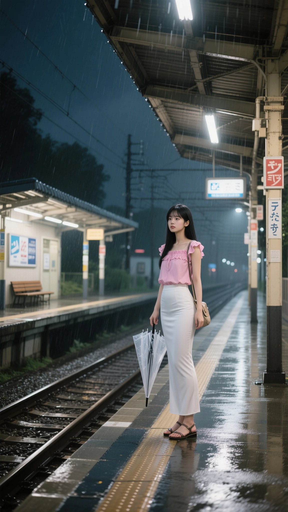 Photos from the 1990s、nostalgic、One Teenage Woman、Train、a scene from a movie、Fuji Film、championship、masterpiece、Woman in pink dress standing on train, Train, alexey egorov, Shot on Ektachrome film, Lonely girl waiting for train, Award-winning color photography, kodakchrome : : 8 K, Cistil 800T 50mm Eastman Color, still from live action movie, japan 1980s