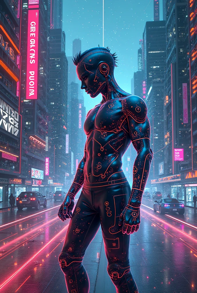 an athletic male, in a (glitched digital city), vivid colours, dramatic lighting, handsome, looking to the side, floating pixels, cyberpunk, line weight, glitch art, (close-up on face:0.5),