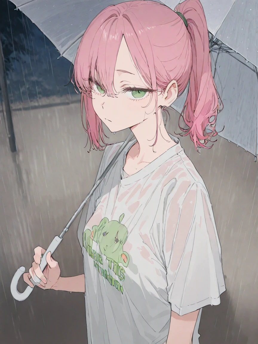 An anime girl,Pink Hair,Green eyes,Umbrella,Rainy Day,Get soaked,Shy expression