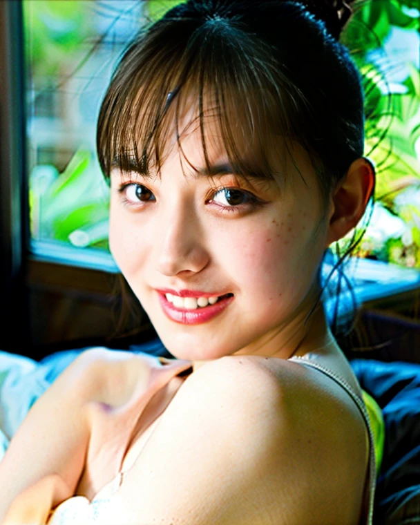 Tabletop, Highest quality, figure, Super detailed, In detail, High resolution, 8k wallpaper, Perfect dynamic composition, Beautiful attention to detail, Natural Lip ,Cleavage, whole body, See-through、bedroom、Bottomless Nude、NSFW 、Beautiful feet、barefoot、前開きのSee-throughのワンピース、I can see the vagina、A 12-year-old with a cute smile、Big Breasts、Delicate slender body、オフショルダーのSee-throughのブラトップ、Lower body nude、Nipples are visible、I can see the vagina、barefoot、Off-shoulder camisole、A young girl with smooth skin、Nipples are visible、Innocent beautiful girl、Well-formed eyes、Big Eyes、Open front dress