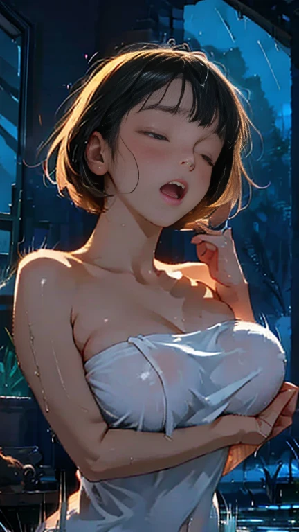 (Realistic:1.5, 16K, Highest quality, masterpiece, Ultra-high resolution), Perfect dynamic composition:1.2, (Love hotel bathroom), (Expressions of sadness:0.9), (Squat with your knees bent:0.9), Highly detailed skin and facial textures, Incredibly slim body, Fair skin:1.2, Sexy beauty, Very beautiful face:1.2, Water droplets on the skin, Body wet in the shower, Wet body:1.2, Wet Hair:1.3, (short hair), (Neat bangs:1.5), (Shapely large breasts, Chest gap), ((Full nudity)), ((Sheer clothing:1.5)), ((See-through nipples:1.5)), ((Thin and beautiful pubic hair)), ((Both arms behind the head)), (Big eyes that exude beautiful eroticism:0.8, Lips that exude beautiful eroticism:0.8), necklace, Earrings, bracelet, wedding ring,