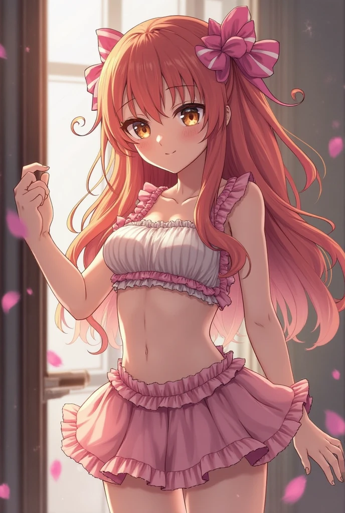 Beautiful girl in a flowered camisole embarrassed by being seen semi-naked in a room, anime girl, big rounds breasts, (pink camisole with short sleeves and lace, aqua panties), full of sweat, flirty panties, dark brown hair, pink gradient bangs, shoulder-length bangs, long hair, wavy hair, swept bangs, shiny hair, red hairband, aqua eyes, glowing eyes, pupils sparkling, embarrassed, blush, tongue, open mouth, flustered, upper teeth, beautiful thighs, thin legs, small waist, perfect body, high detail, anime, chiaroscuro, dithering, outside border, three-quarter view, from below, perspective, panorama, Wide-Angle, f/1.8, 85mm, Sony FE, 8k, super detail, UHD, retina, masterpiece, accurate, anatomically correct, textured skin, highres, best quality, 16k,