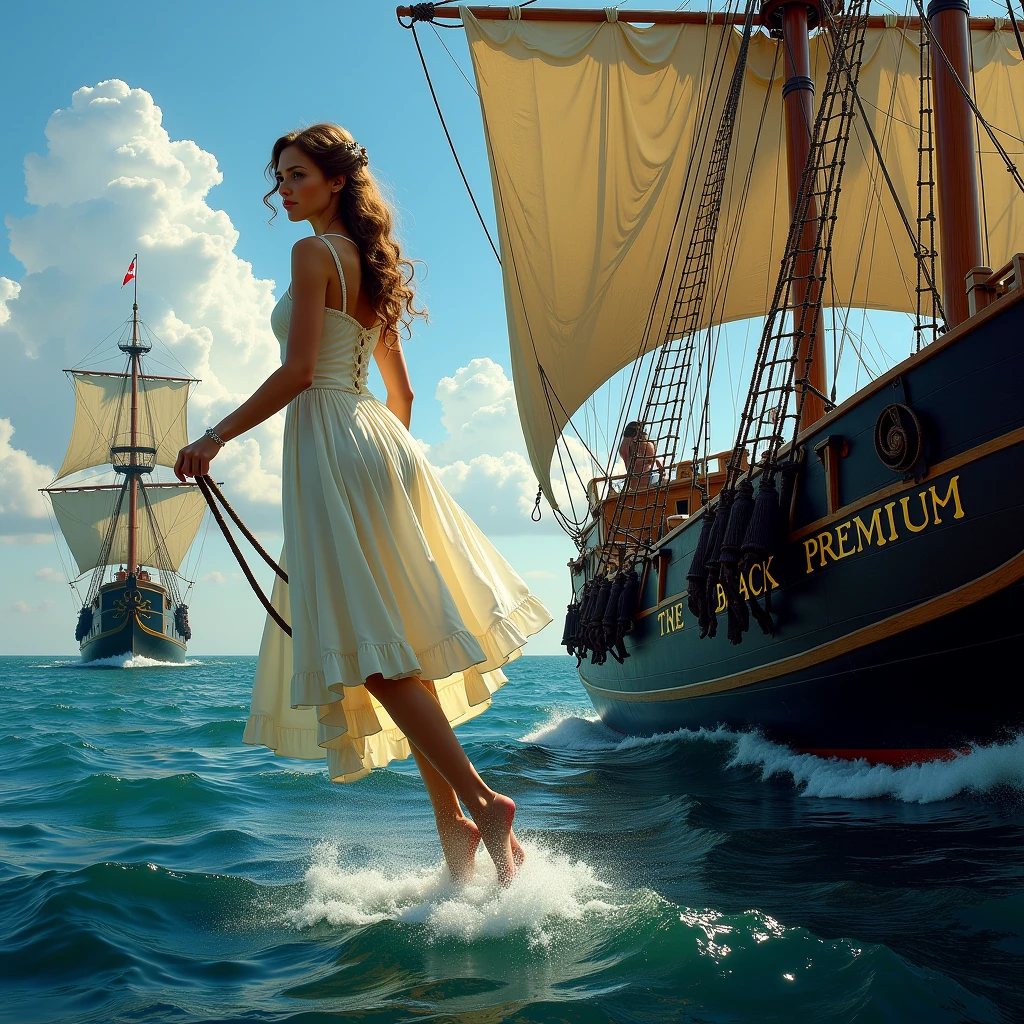 painting of a woman walking on the beach with a ship in the background, milo manara - h 1 2 0 0, milo manara, milo manara style, inspired by Richard Dadd, coming ashore, by Robert McGinnis, inspired by Milo Manara, by José Comas Quesada, at the sea