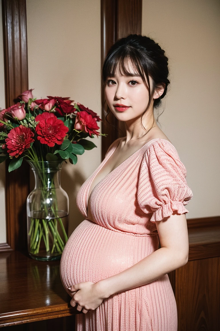 (​masterpiece:1.3), (8K, Photorealsitic, Raw photography, Top image quality: 1.4), korea artist girls、beautiful face, pregnant girl, fullbody, pregnant nine month, (Random hairstyles:1.2)、cleavage of the breast:1.2、Super Detail Face、Eye of Detail、double eyelid、Bring your chest together、sharp focus:1.2、cute woman、black hair、top-quality、​masterpiece、超A high resolution、(Photorealsitic:1.4)、Highly detailed and professional lighting smile、black chinese qipao dress、perfect body、serious facial expressio, biggest belly pregnancy 、Fatal position
