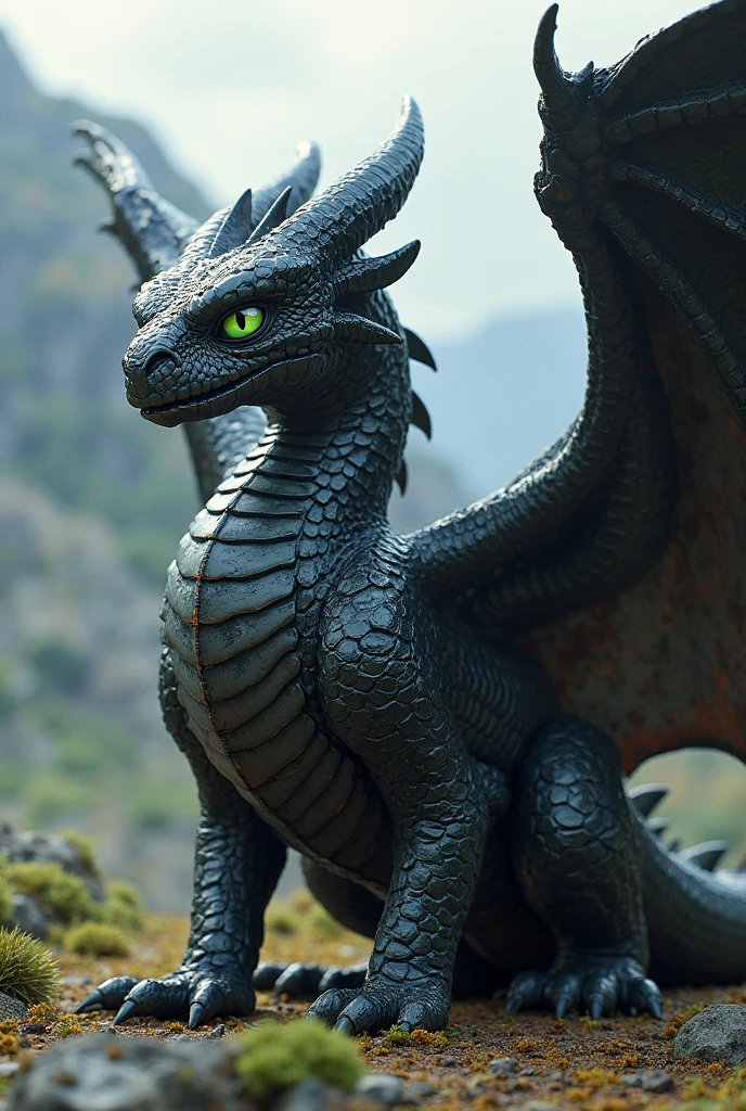 A realistic black big dragon, so realistic that he could exist. Like the G.O.T dragons, with a long neck. His front legs are his wings