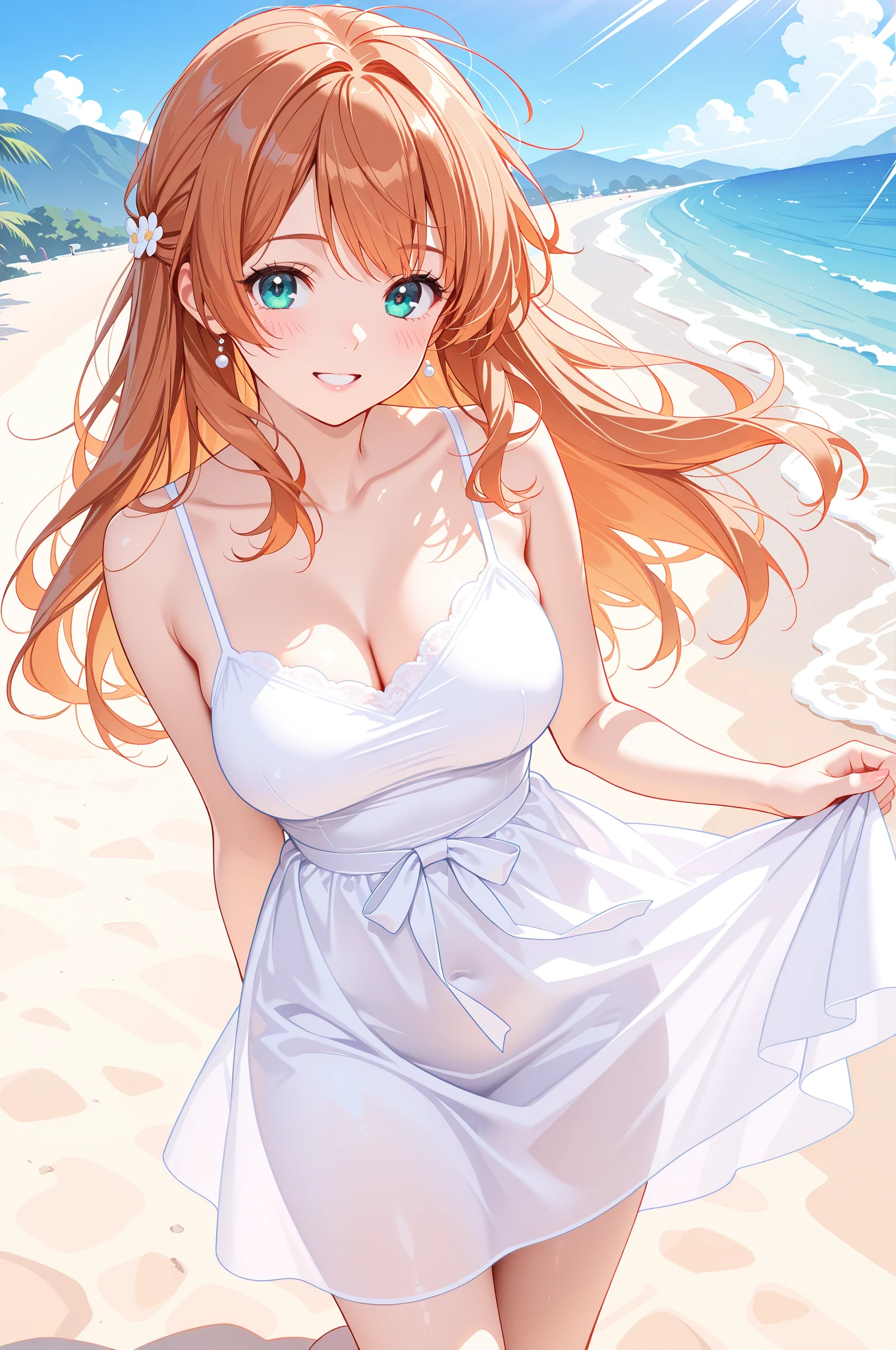 (best quality, ultra-detailed, photorealistic: 1.39), bright and vibrant colors, studio lighting, romantic expression, An effeminate girl, with a delicate and beautiful face. She is a girl who reflects seductive beauty, sparkling eyes, A beautiful adult woman with mango-colored hair, with her large breasts seduces, wearing a strapless white dress, with a lace belt at the waist, with her blue eyes that matches her soft smile, in a beautiful pose demonstrating her seduction on a beach beautiful as a background, with several little purple hearts in the background, she is in love, anime style, Anime Bishoujo