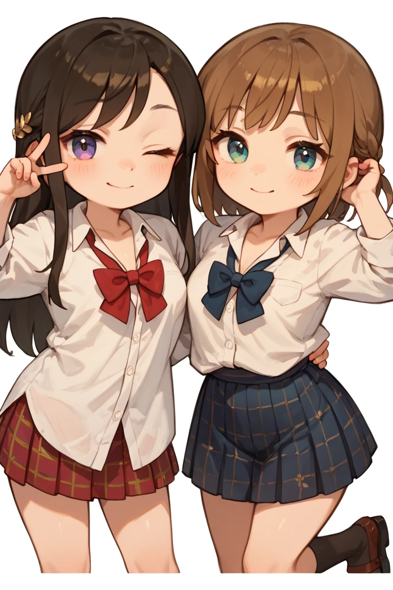 1girl, solo, two heads, conjoined, peace sign and middle finger, Uraraka Ochako, thick_eyebrows blush_stickers, brown_hair, brown_eyes, short_hair, sideburns, shiny hair, medium breasts, skindentation +++ :D +++ u.a._school_uniform, grey_jacket long_sleeves, white_shirt red_necktie, mos green pleated_skirt, black stocking Sky Kingdom, score_9, score_8_up, source_anime, city background