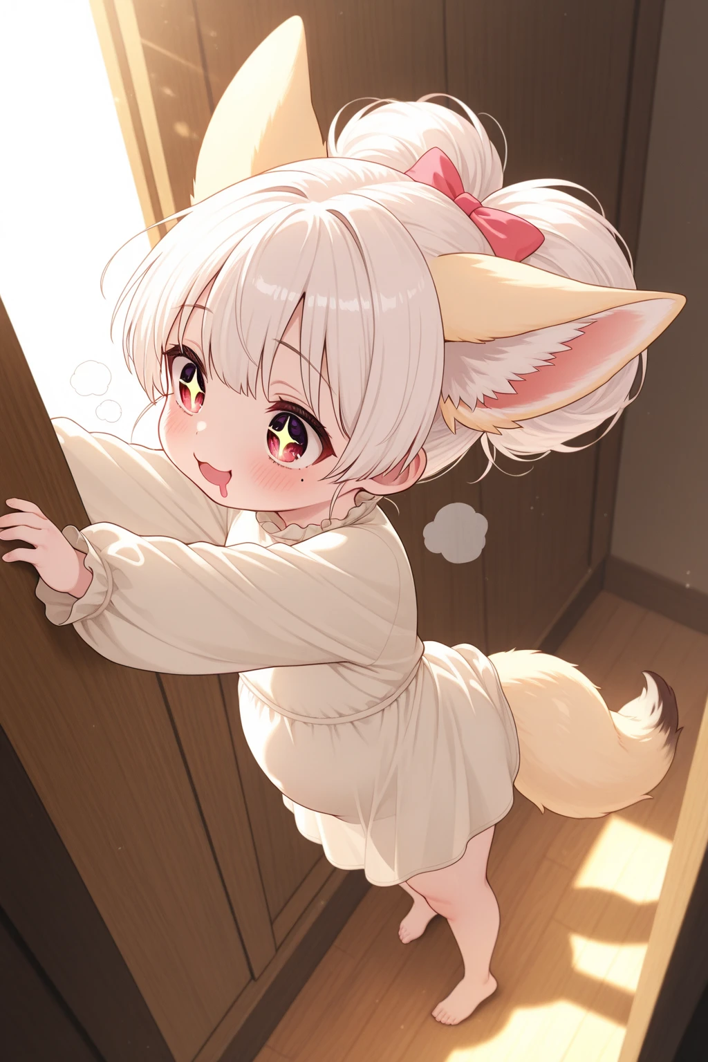 score_9, score_8_up, score_7_up, source_anime, 1girl, solo, nanachi-helmetless,narehate, nanachi (made in abyss),green eyes,white hair,sidelocks,long hair,furry,tail,animal ears , , hard , , open mouth,blushed, street, , wet, fluffy body, view from side, pay for , full body, big ass, wide hip,  on belly,  on ass