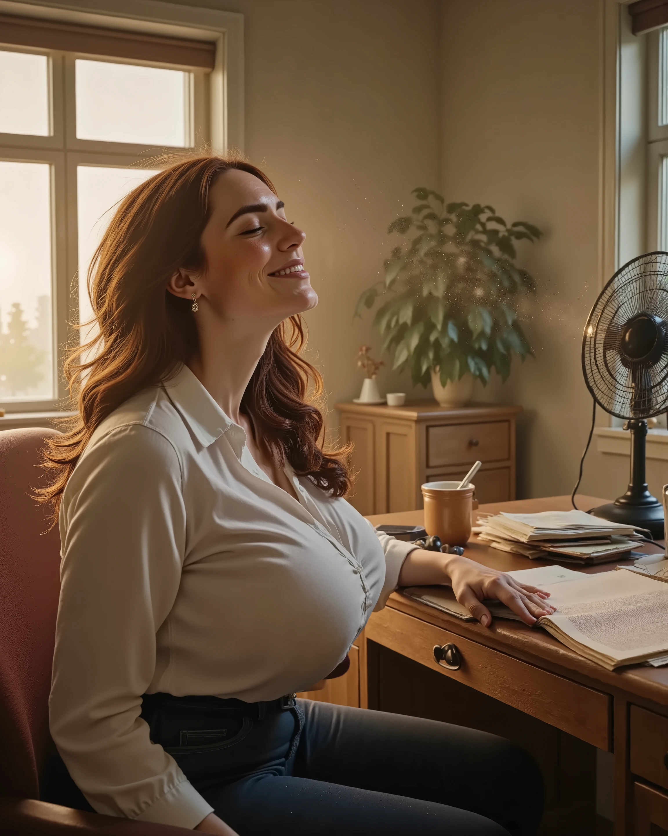 Photorealistic picture of Margaret at her desk. She has a fan on and the air flow is making her hair flutter. She's got her eyes closed and she's smiling. Heat wave. School teachers room.