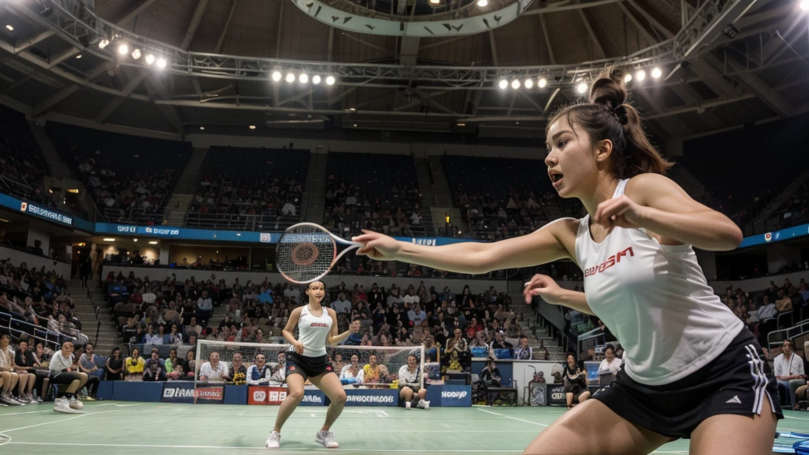 Two table tennis players are engaged in a fierce battle on the Olympic stage.。