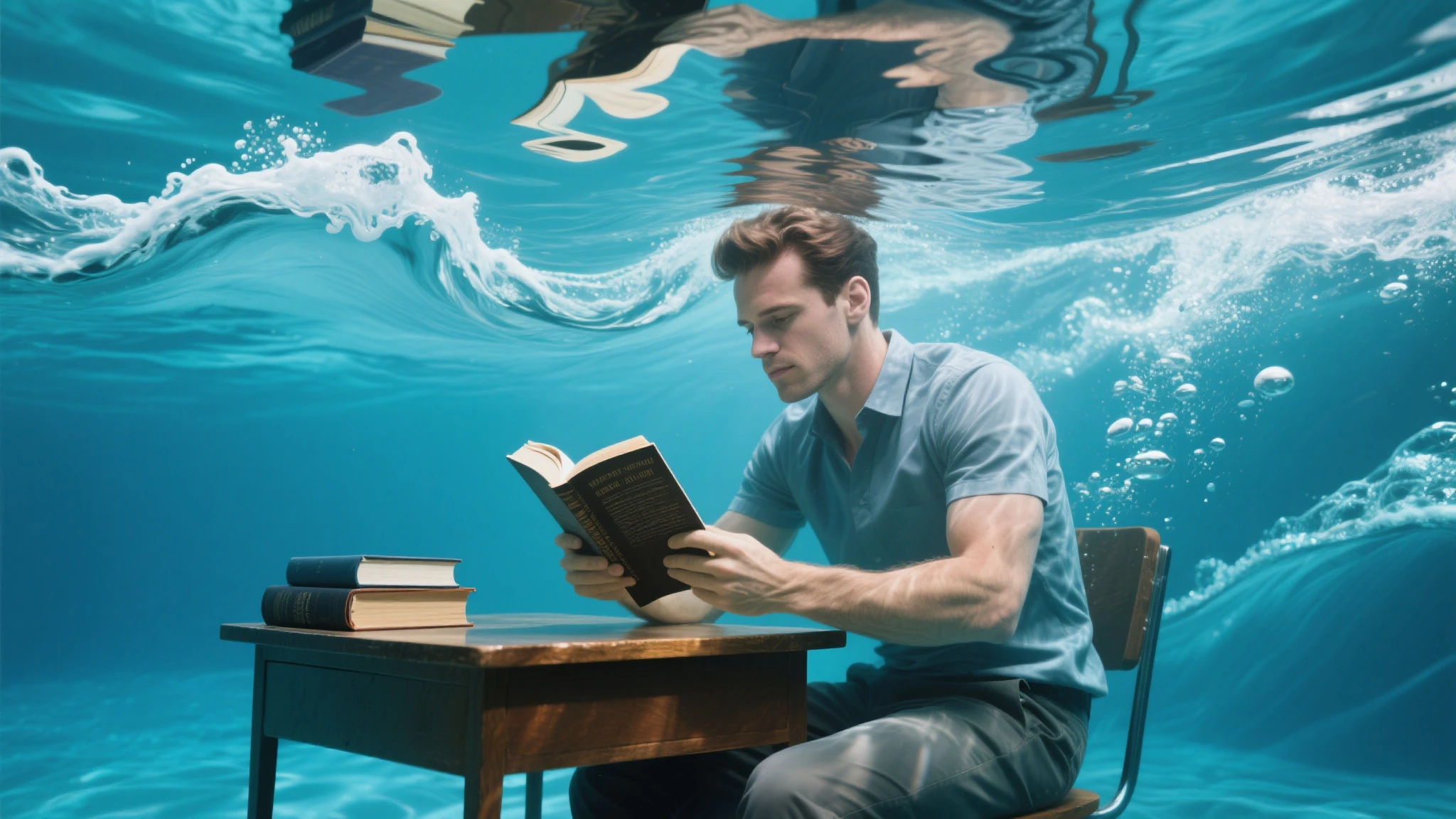 Imagem realista de um homem nadando debaixo d'water while reading a book and with fish around you.