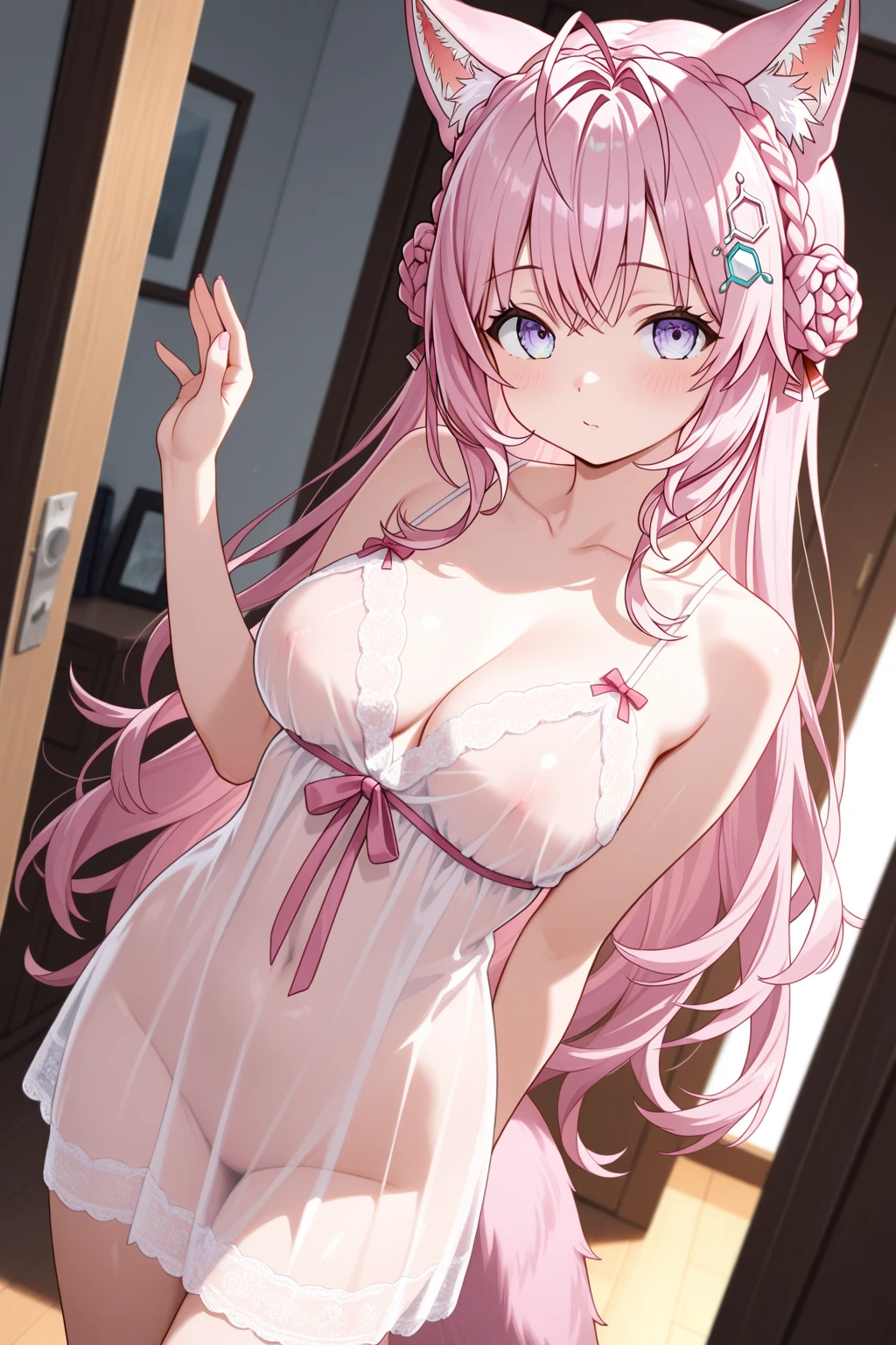 ((masterpiece、Highest quality、Very detailed))、One girl、Pink Hair、Long Hair、blunt bangs、hime cut、Light blue eyes、evil smile、((Grin))、((lots of piercings))、Small breasts、((pink negligee))、((bent over))、Cowboy Shot、Bedroom Background