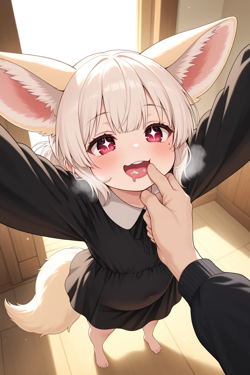 A male cat with light black fur with red colour eyes, with body trembling and Satisfied face with belly full semen, buttcheek being slap and get red and small dick are fuck by classmate furry in the school