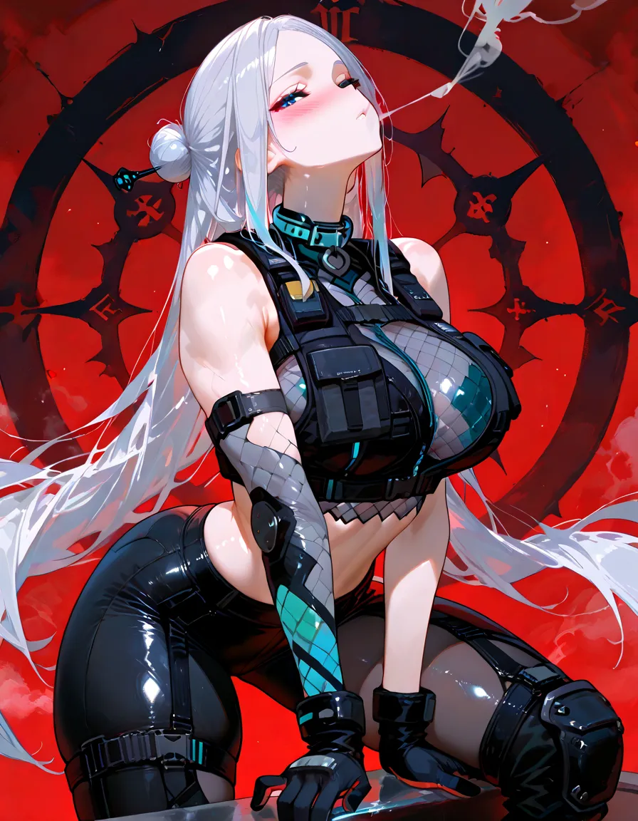 (lifelike, high - resolution:1.3), 1 girl with a perfect body,slender body, Super fine face and eyes,assasin, dark makeup, shiny skin,white hair, (girl caught in a sex machine),Expose cleavage, (sex machine, restrained, bound, bdsm, object insertion, smachine) (wet skin, shiny skin)