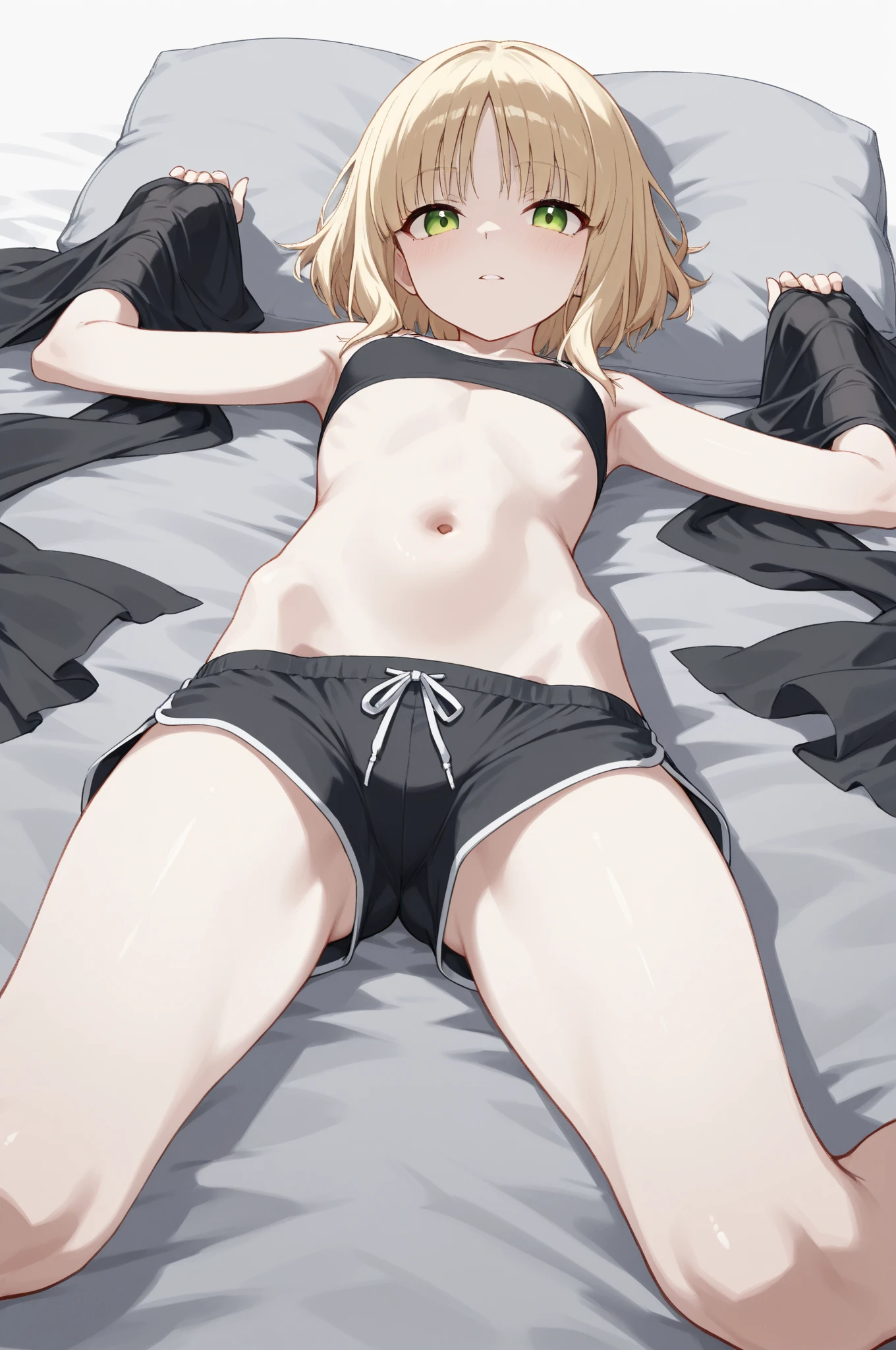 Browsing Caution,Only one person,(Petite),((One cute boy)),((Groin bulge)),Lie down on your back,Blonde woman with low pigtails,lips,Sweat,White Breath,Swimwear,The gaze of the viewer,A begging expression,