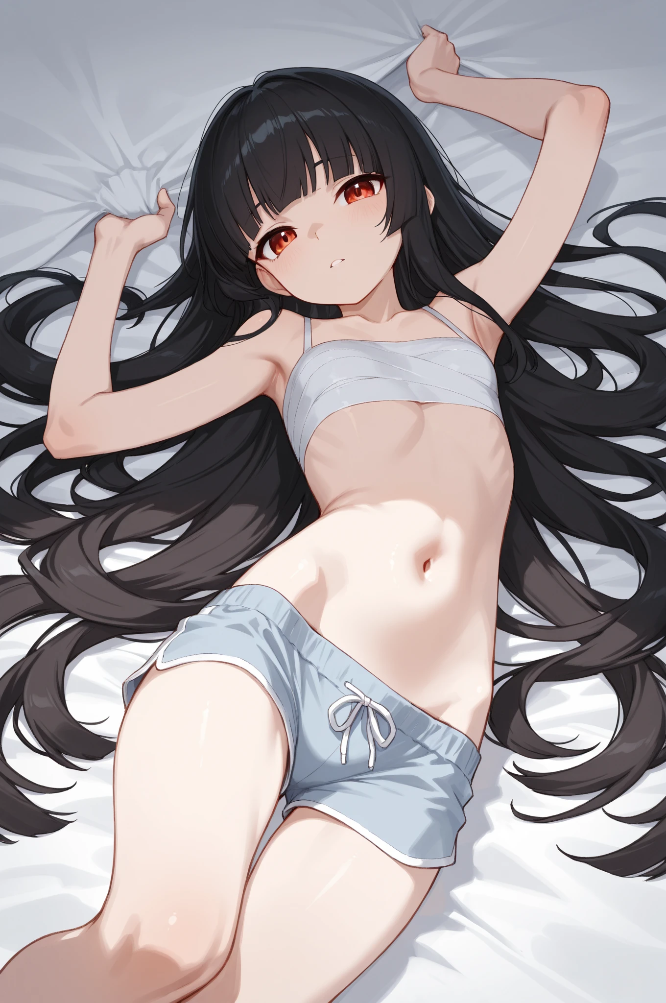 ((masterpiece,Highest quality:1.3,best quality illustration)), solo,1woman,(Mature Japan beauties)、black hair,long hair,blunt bangs,black eyes,gorgeous eyes,((very small head:1.3)),blush,in heat,((very long body:1.2)),medium breasts,(tan skin:1.4), (gleaming skin,toned body,slender body, skinny),((sweat)),(Naked with a white tank top,vagina),lying,Tatami floor,White duvet、Japanese-style house、nsfw,