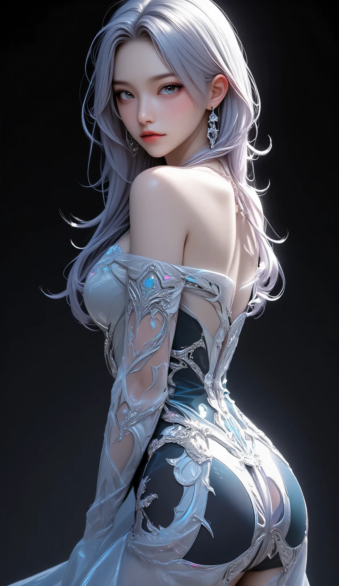 (masterpiece),(top quality:1.2),(perfect anatomy),Exquisite Details,((1 girl)),Long Silver Hair,((big breasts)), beautiful and delicate blue eyes ,Hologram Dress,(Holographic Hello:1.5),(Black background),(extremely elaborate and elegant), Silky Touch,cowboy suffering from hiccups {x} cowboy shot,(From the side),(をFrom the side見る),happy atmosphere just like a dream,brush strokes
