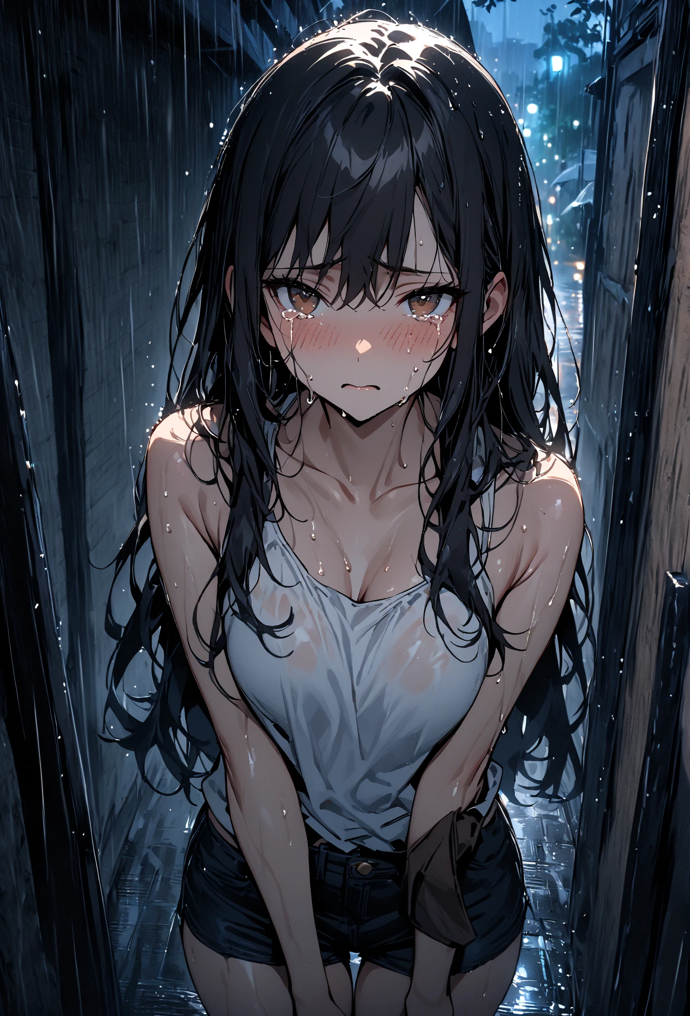Highest quality, masterpiece, Ultra-high resolution, female、Back Alley、naked、Crying face、After rape、sperm