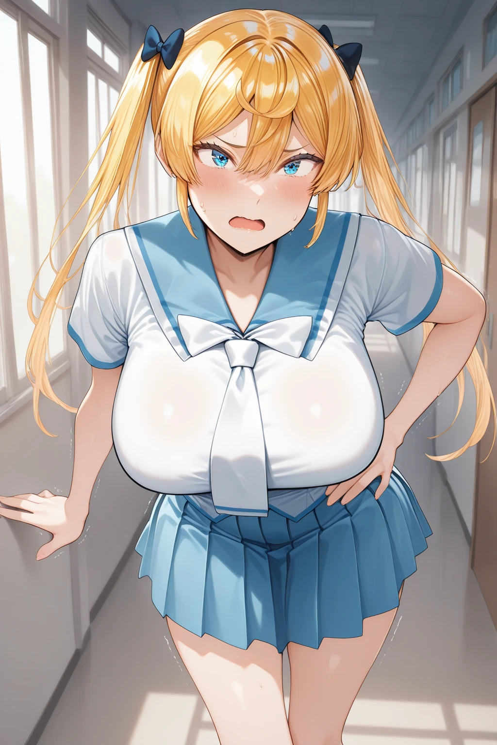 White long sleeve shirt、blue tie、Blue Skirt、Black tights、Blonde、Ahoge、Short Hair、A face that is trying to endure pleasure、Saber、、The scene where the door opens and only the upper body appears、Like the whole body、Sweaty、blush、レズビアンセックスワーカーのSaber、Nipple erection、Costume see-through with sweat、Being attacked from behind by Tohsaka Rin in red clothes