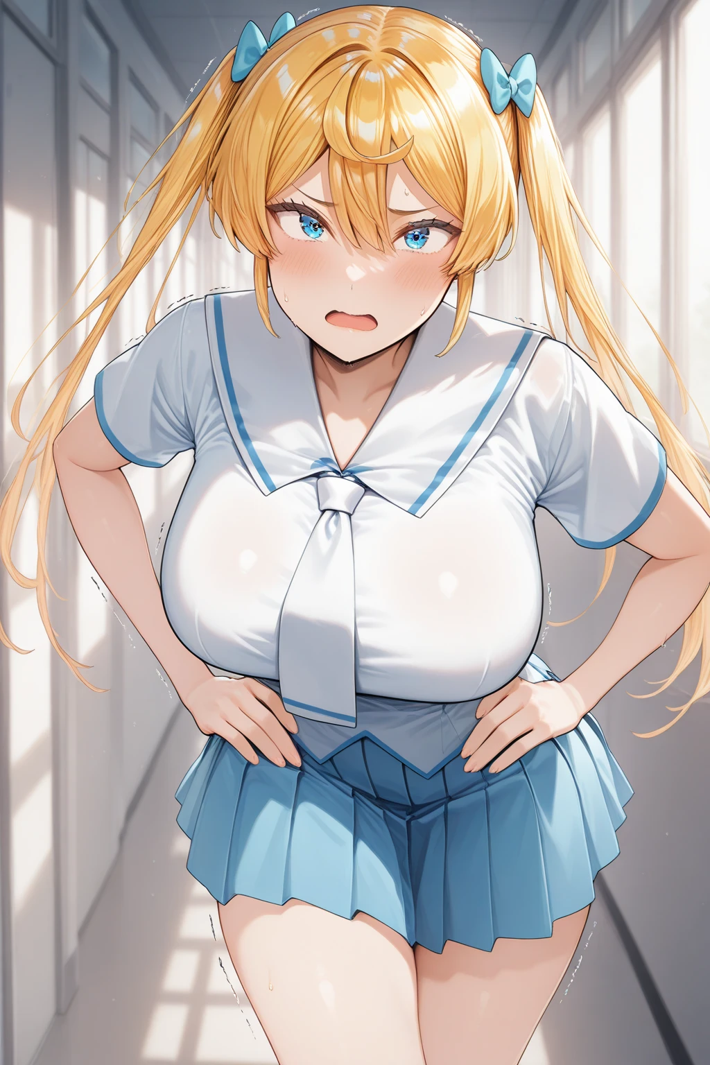 1 Female, Age 20,whole body,Standing,blonde perm hair,Gal,((face)), In the heat, Sulky face, Yellow Eyes,tits, White shirt,Navy blue tie,High quality anime, Vulgar,(90s Anime), ((Sweat)), Mastepiece, Ultra High Quality, High resolution, 8K, background: Realistic school classroom,Window,sunlight,((Fisheye Lens)),backgroundボケ,(Low - Angle),