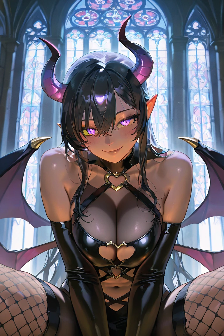 ((Highest quality)), ((masterpiece)), (detailed), （Perfect Face）、The woman is naked and wearing a black wedding dress decorated with gold, the devil queen Liza is a sexy female demon.、The woman is a female demon with magnificent devil horns, jet black devil wings, and a jet black tail. She is looking at the camera with a happy expression, a demon named Liza, with short brown hair, a white hat, and the expression of a girl in love.、The woman is Liza