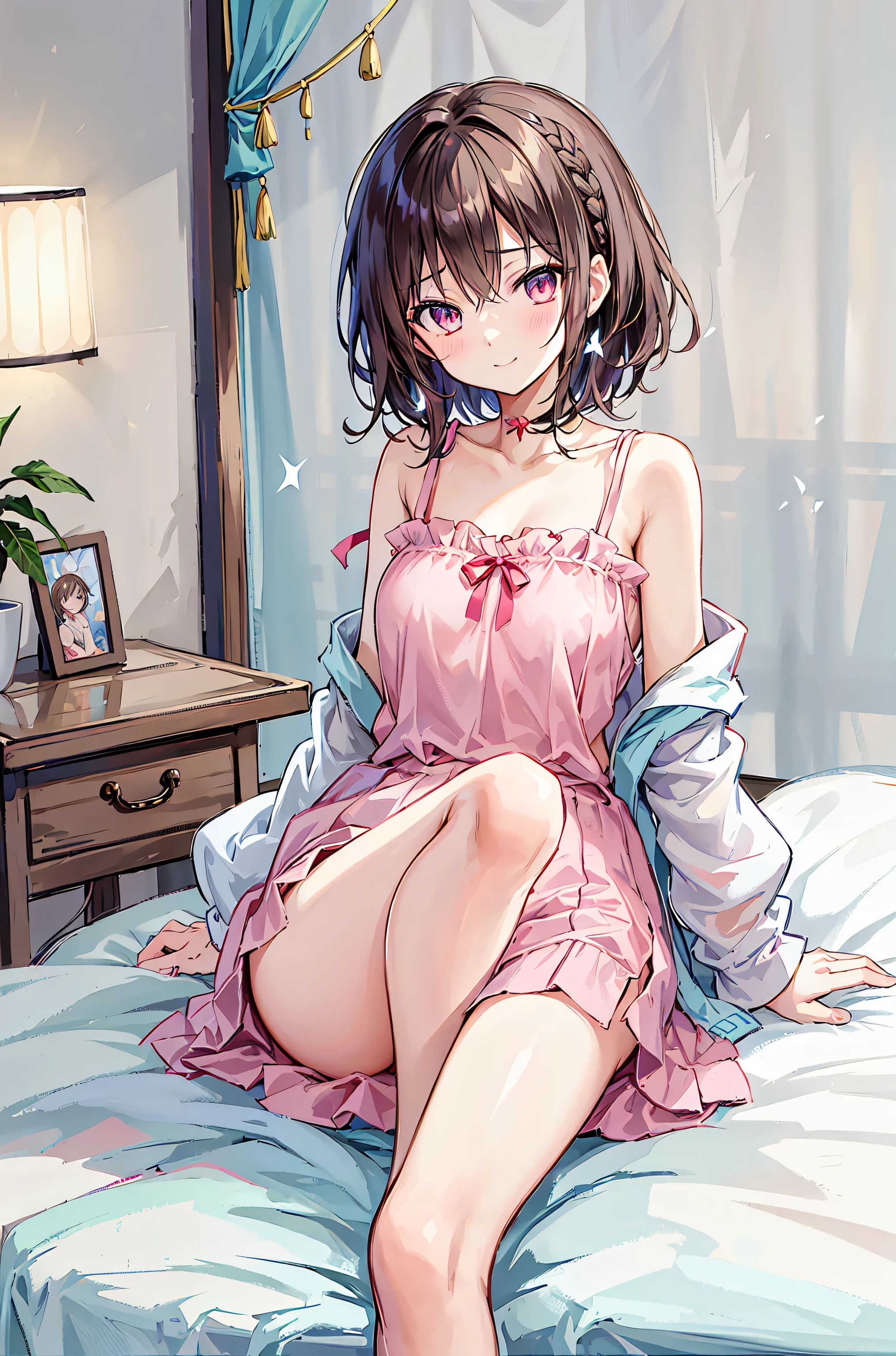 1girl, naked, nipples, eyes wide open, seductive, short hair, brown hair, bra lift, pijama, pov, penis, sex, orgasm, squirting, pussy, bedroom, bedside table, bedside lamp, makeup table, wardrobe, bookshelf, flower vase, window, window blinds