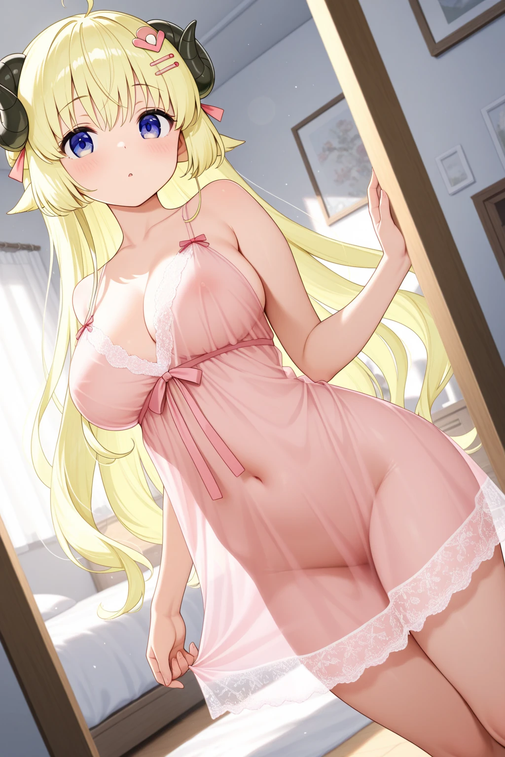 ((high definition image)), (lineas y colores bien definidos)((Best quality, Masterpiece, Nonsense)),1girll:1.9, Sexy, ( 20 years old), tetas naturales enormes), mature Beauty, natural beauty. Expressive blue eyes, shoulder-length, Long hair,Loose and fluffy hair),using only stockings (pink super tight micro silk babydoll), ecchi, illuminated room, big tits,  big butt, sexy pose, hard niples, sweaty skin, fishnet stockings, open legs, erected nipples, cute sexy face, touching herself in a erotic way, wet skin, totally naked, showing her crotch, detailed vagina, lewd expresions, face of sex desire, she is extremely horny, ara ara face, micro sexy open lace lingerie, caderas anchas, piernas hermosas y largas, chica madura muy sexy, barely grow pubic hair, showing anus, milf, lips with makeup, natural body, pechos gigantescos, naughty mom waiting at home, sexy tiny mole, squirting, half naked, tetas grandes, milf, half naked, (blonde dye pink hair), riding dildo, beautiful nipples, slim girl