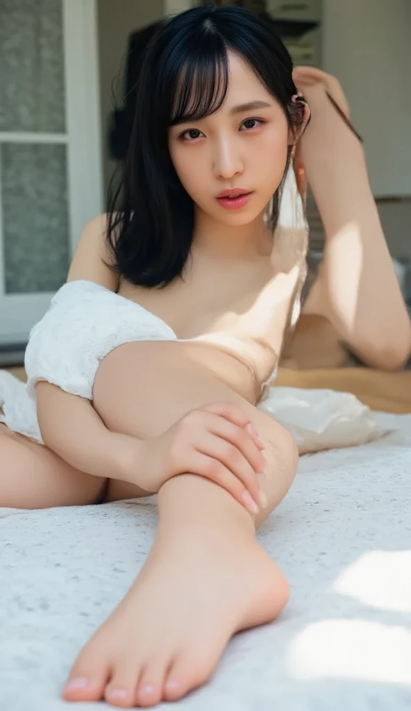 ((Full body photo)),full shot,Very, very young, baby-faced, fair-skinned, slender Japanese beautiful girl,spread your legs wide,Vulgarity,medium breasts,Sleeping face with a wide open mouth and a painful look,looking at another,from quite below,best quality,ultra-detailed,high resolution,Photographed from a distance,flooring room