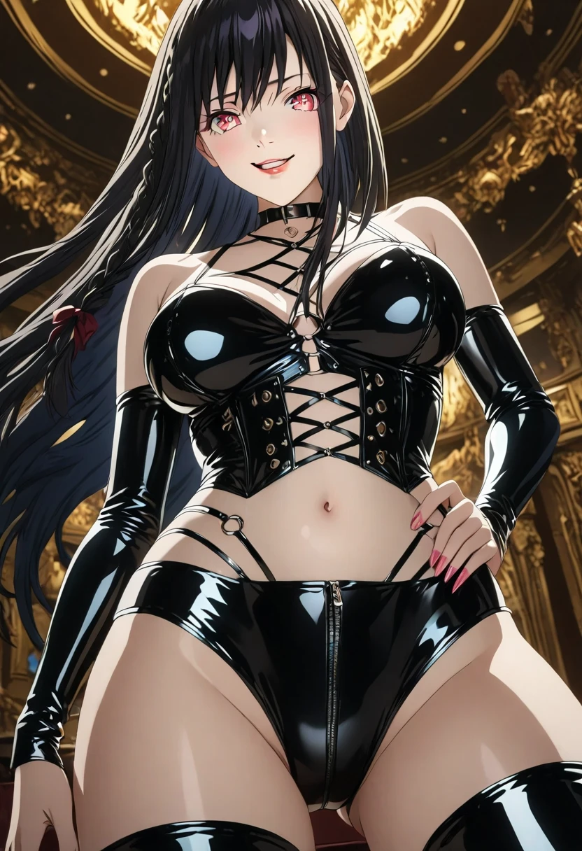 Leaning back in the chair, (((hands on the chair, Leaning on a chair's armrest))), pantyhose, bondage, leotard, latex, heels, harness, blue eyes, brown hair, intake, long hair, masterpiece, best quality, ultra detailed, beautiful, masterwork, ultra high res, super fine illustration, cg unity 8k wallpaper, cleavage, large breasts, cowboy shot, dominatrix, black clothes, dare shoulder, elbow gloves, thigh boots, perfect hands, perfect eyes, ultra detailed beautiful face, gleaming skin, oil skin, shiny skin, sitting, antique chair, throne, mistress, gloves, shiny clothes, adult, (((crossed legs))), two legs, both legs, perfect legs, armchair, arms on armchair, bdsm, zipper, corset, gloves, fair skin, fearless face, choker,