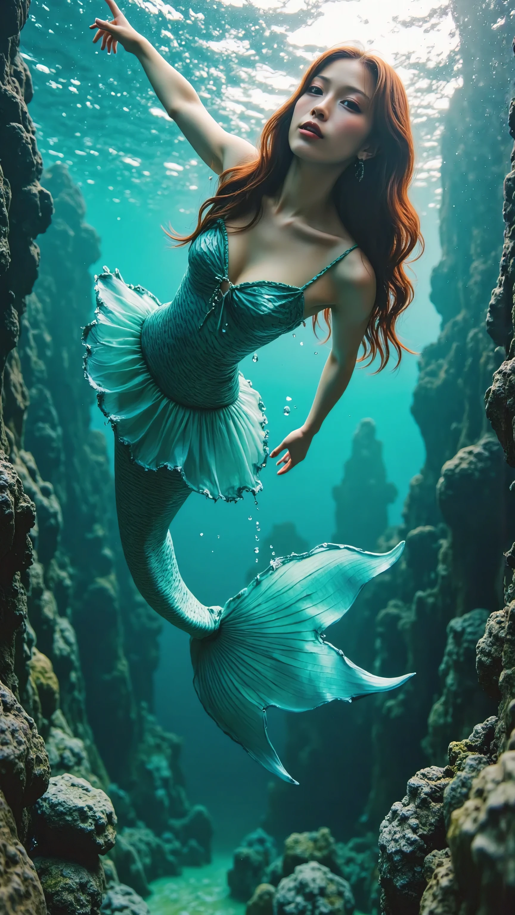 The Little Mermaid、 It personifies a very beautiful young Japanese and half Korean woman 、Smiling gently, Slim and feminine figure、Vermilion gold Off-the-shoulder one-piece clothes. (((Mermaid Fin))), Woman with long, beautiful blue black 。Bewitching beauty、 crystal clear white skin、Droopy eyes、double eyelids、 In the ocean with beautiful Japanese emerald green seawater and coral reefs 。 ensures a balanced composition that emphasizes the graceful movements of the model and the deep color of the background。 Hair fluttering in seawater 。 Cold lighting emphasizes texture and fine details 。 Background and depth of building 。 RAW photos 、