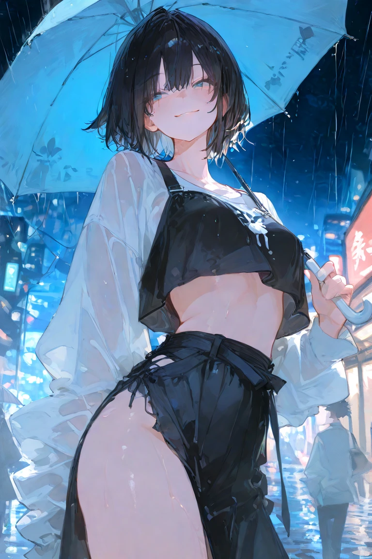 ((Highest quality)), ((masterpiece)), ((detailed)), (4K),1girl, 独奏, crop top, leather jacket, torn jeans, choker, bracelet, (rain), ((wet)), see through, (expressionless), scowl, (from below), (looking down), looking at viewer, (open legs), wasteland, town