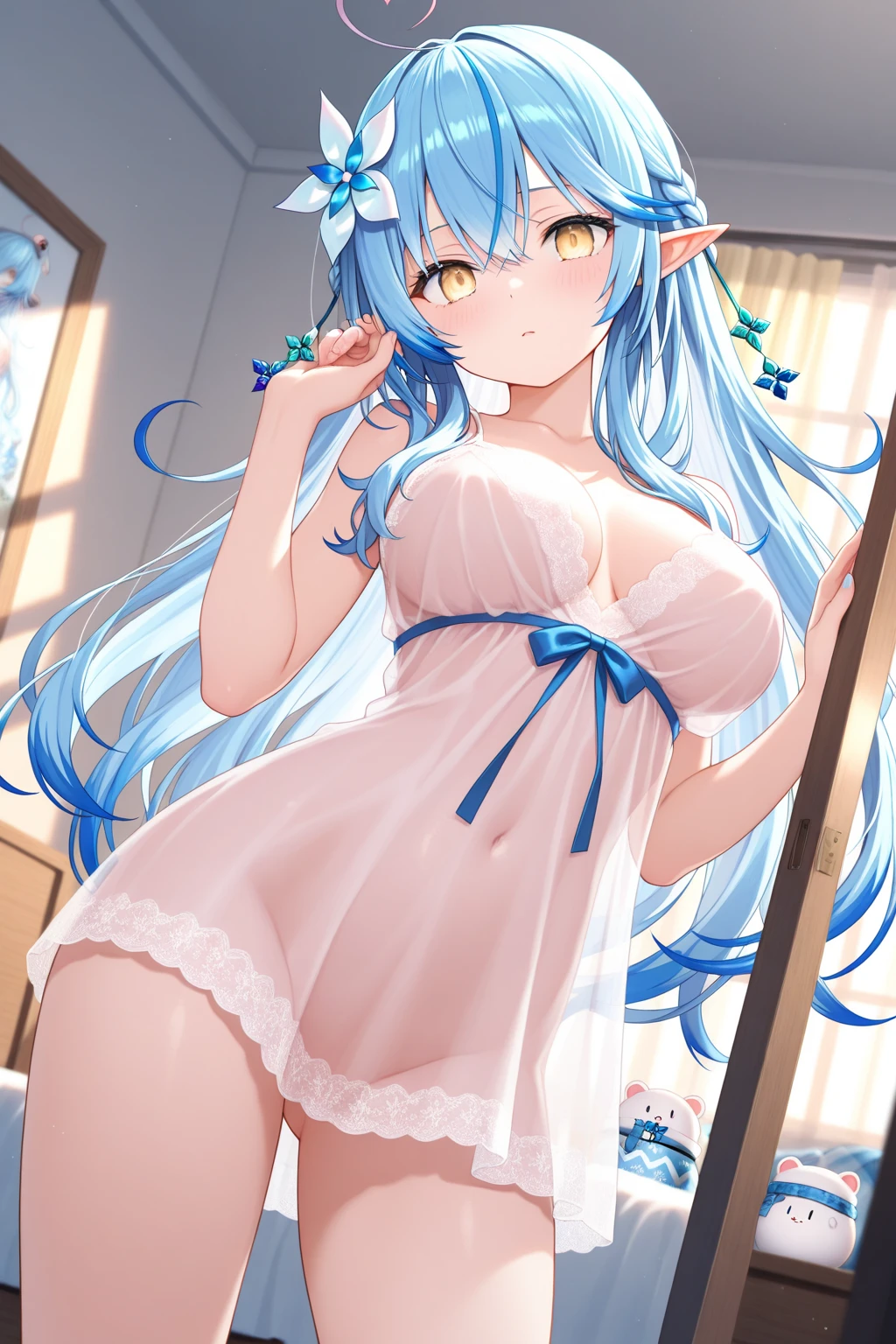 table top, High resolution, 8K, anime woman, detailed digital illustration、high resolution, high quality、detailed background、shiny very long ponytail、elf ears、Silver tiara、bangs、very beautiful woman、double eyes, long eyes、Bust is D cup、See-through、セクシーなSee-throughランジェリー、transparent nipples、Bare skin、spread legs、light pink hair、gradient pupil、detailed woman&#39;s face、Very beautiful and cute woman、sensual face、detailed background、masterpiece、soft focus , bright gradient watercolor , Lens flare , (((Sparkling))) , shine , dream-like 、Low exposure、I don&#39;t have anything on hand、Idol、pink ribbon、barefoot、fantasy、medieval western style bedroom、white lace heaven、White wallpaper、White furniture、morning sun rays