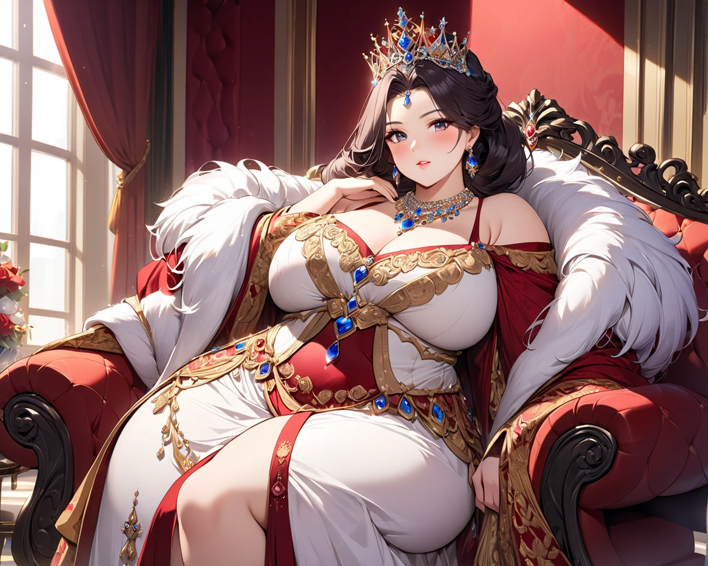 a woman with exaggerated large breasts, confident sitting on a throne, wearing a gorgeous red dress, a large ornate crown on her head, looking down at the viewer, detailed facial features, hyper-realistic, 8k, ultra-detailed, photorealistic, masterpiece, dramatic lighting, cinematic, oil painting、She is a Japanese woman、She is protected by the knights.