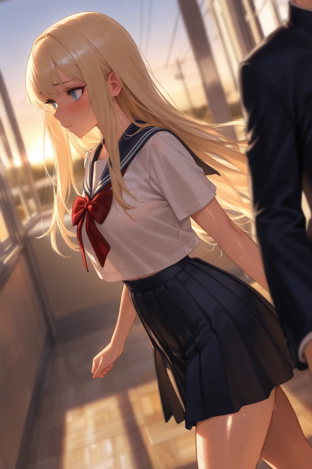 A girl is standing in the back of the screen, with her hands on the train window and her butt sticking out towards the viewer., A girl seen from the perspective of a standing viewer, (POV from behind:1.4), (standing doggy style vaginal sex:1.4), (1girl, buttocks, turn around, back shot, sharp focus solo), (Masterpiece, Super realistic, Super details, Super Highest Quality, Super Highest Quality), super cute and beautiful girl, You are male professional photographer, Japanese gal, For dark brown eyes, Blonde yellow hair, Pink ribbon, gal make-up, False eyelashes, Pearl pink lips, Unbuttoned out Hemmed sailor red open collared open front white shirt, (Very thin shirt:1.3), beautiful focus, big open mouth, (brown eyes:1.4), big round chest, BREAK, (Half down two side up blonde very long hair style:1.4), (Wider at the hem flabby large in size Super Loose Socks:1.4), (wear loafer:1.2), An innocent 16-year-old girl, (skin fang:1.2), realistic cute Japanese girl, standing pose, wear white unbuttoned shirt, low-rise pleated plaid micro mini skirt, loose socks, loafer, Japanese cute girls, long slim legs, long hair, blonde hair, two side up, hair ribbon, pink ribbon, , frills, opened sailor collar, necktie, white shirt, long sleeves, red skirt, from behind POV, (shirt trimmed with white frills:1.4), from crowded above,